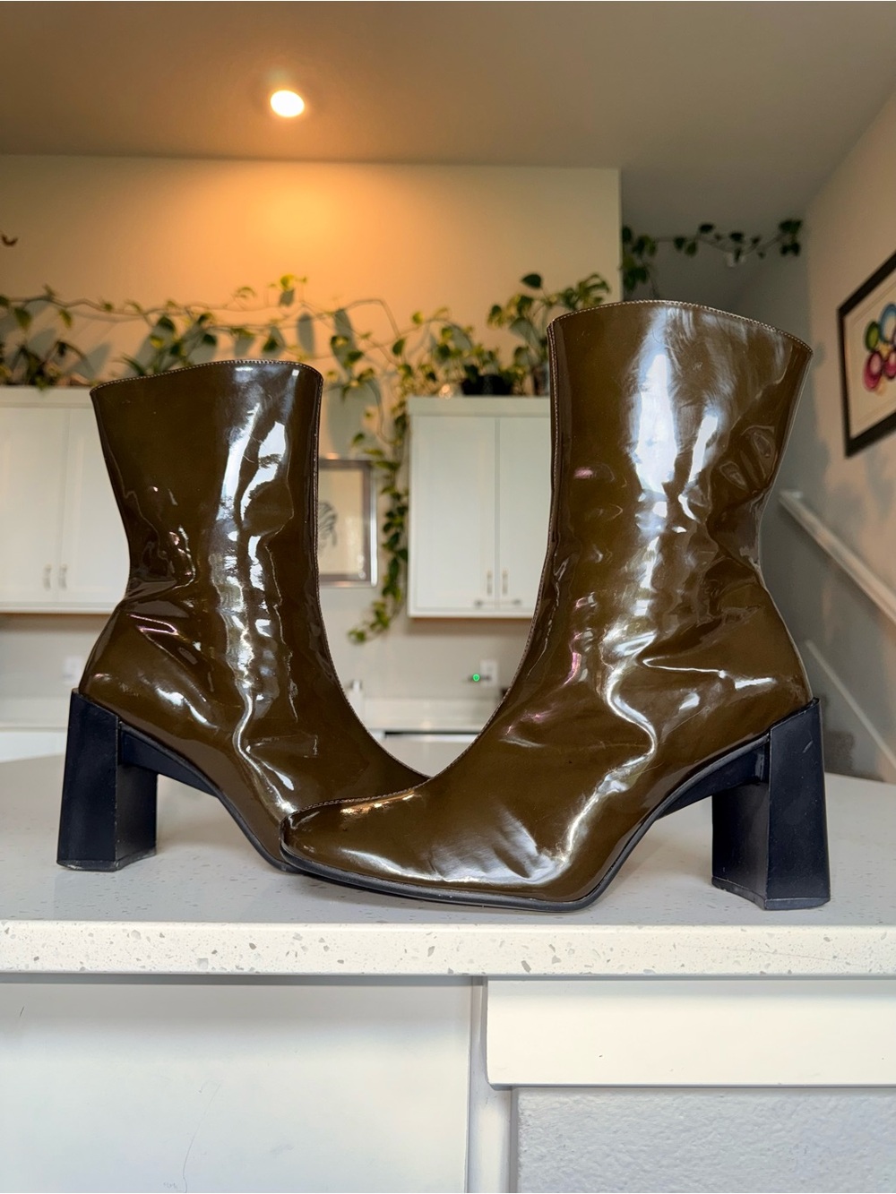 Glossy Olive Patent Mid-Calf Block Heel Boots Made in Brazil